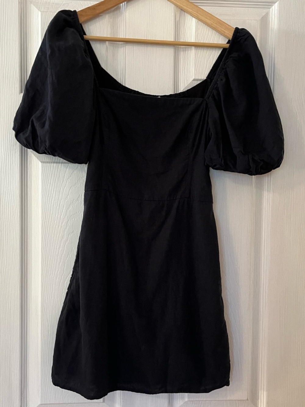 Abercrombie & Fitch Black Puff-Sleeve Square Neck Mini Dress Y2K Linen Blend